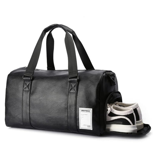Mens Black Leather Sports Duffle Gym Bag with Shoes Compartment and Wet pocket