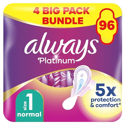 Always Platinum Extra Comfort Sanitary Towels, Size 1, Normal, Light Flow, 96 Pads With Soft Wings (24 x 4 Packs)
