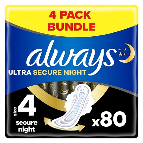 Always Ultra Sanitary Towels, Size 4, Secure Night, Heavy Flow, 80 Pads With Wings (20 x 4 Packs)