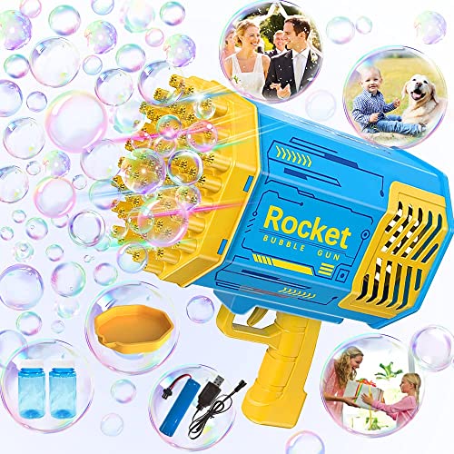 Bubble Machine Gun Kids Toys, 69 Holes Electric Bubble Gun Blue Toy with Colorful Lights