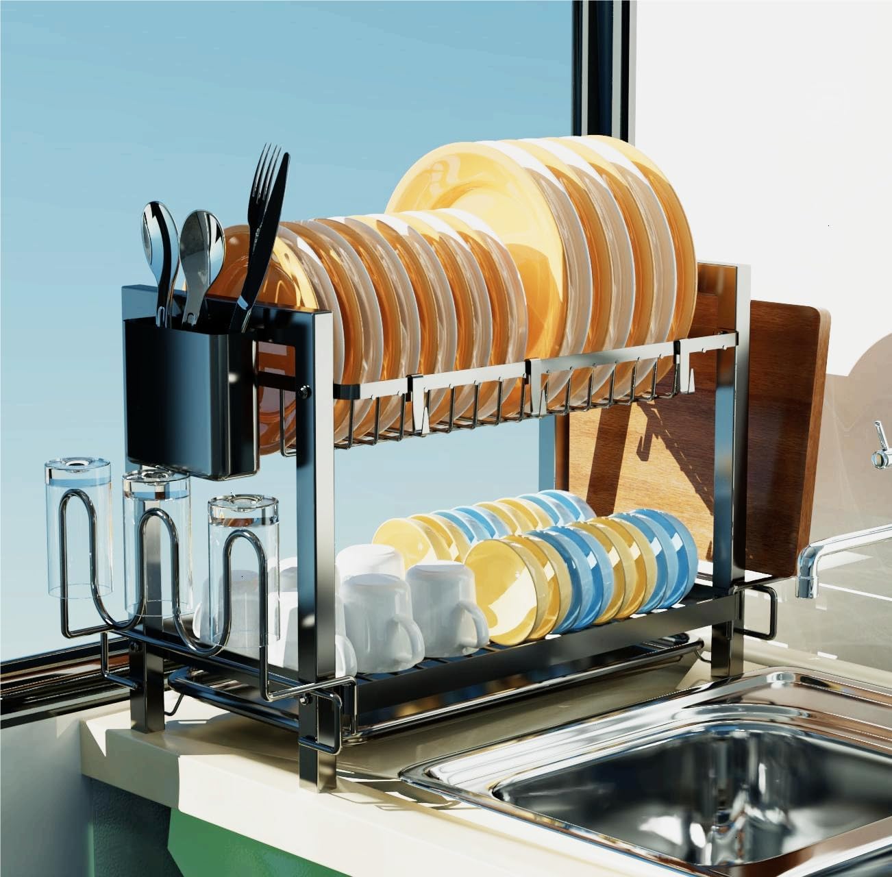 2 Tier Dish Drying Rack,Kitchen Dish Rack With Utensil Organzie