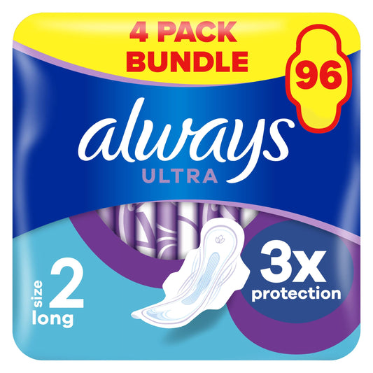Always Ultra Sanitary Towels, Size 2, Long, Moderate Flow, 96 Pads With Wings (24 x 4 Packs)