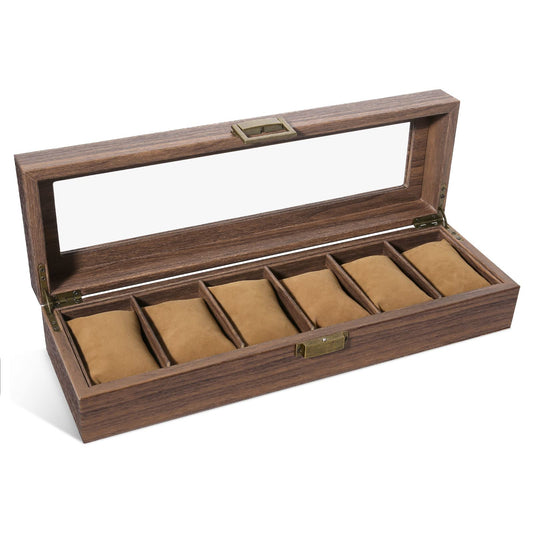 Watch Box with 6 Slots, Watch Case with Real Glass Lid