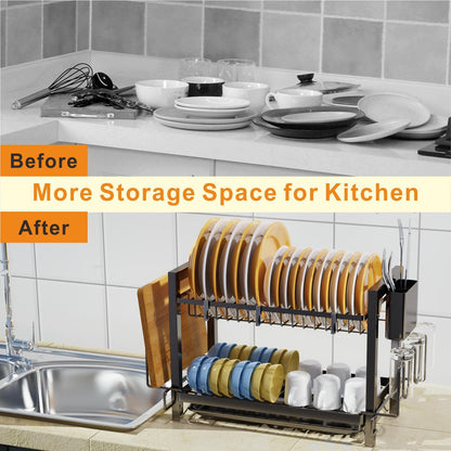 2 Tier Dish Drying Rack,Kitchen Dish Rack With Utensil Organzie