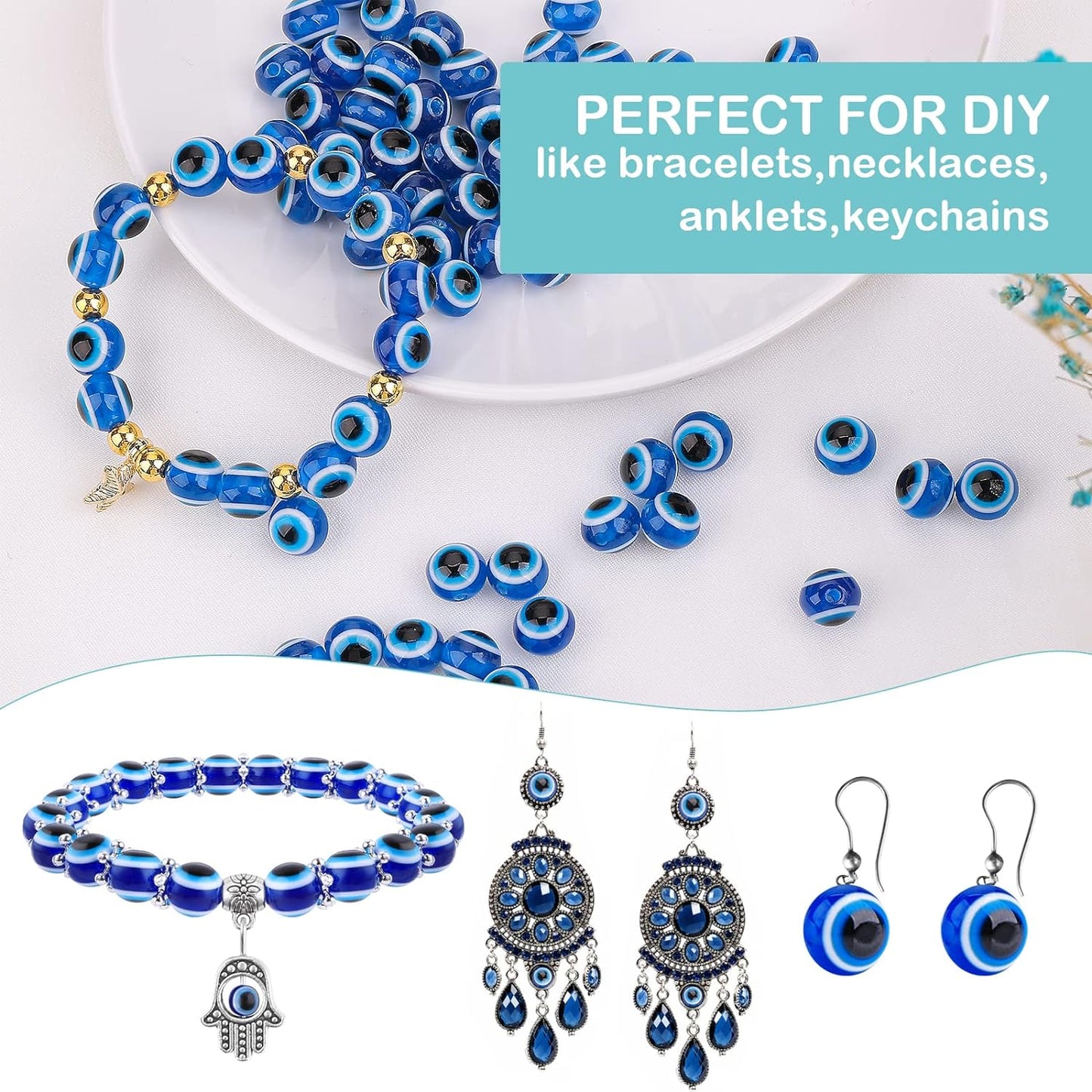 100 PCS Blue Evil Eye Beads for Jewelry Making, 10mm Evil Eye Charms Handmade Resin Round Bead