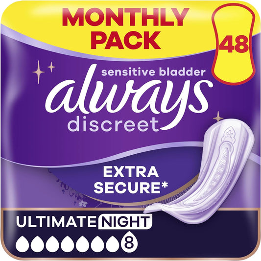 Always Discreet Incontinence Pads Women, Ultimate Night, Absorbency 7, 48 Sanitary Towels (12 x 4 Packs