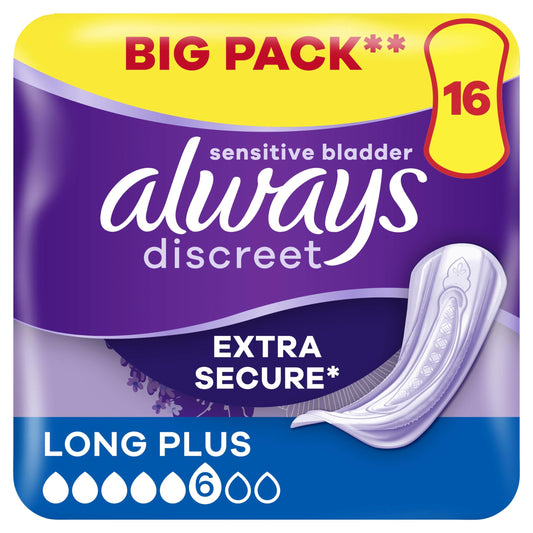 Always Discreet Incontinence Pads, Long, Plus, 16 Towels, BIGGER PACK