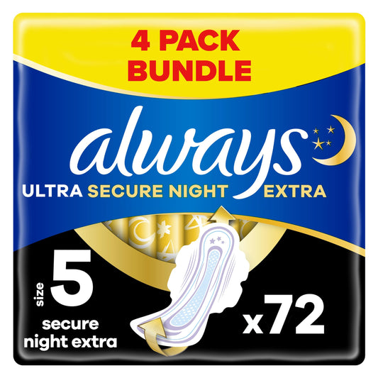 Always Ultra Sanitary Towels, Size 5, Ultra Secure Night Extra, Heavy Flow, 72 Pads With Wings