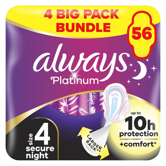 Always Platinum Extra Comfort Sanitary Towels, Size 4, Secure Night, Heavy Flow, 56 Pads