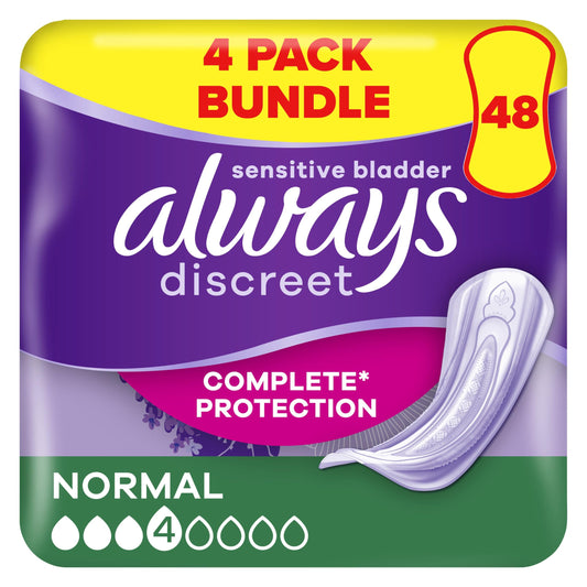 Always Discreet Incontinence Pads Women, Normal, 48 Moderate Absorbency Pads (12 x 4 Packs)
