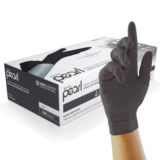 Unigloves Black Pearl Nitrile Examination Gloves - Multipurpose, Box of 100 Gloves, Black, Medium (GP0033)