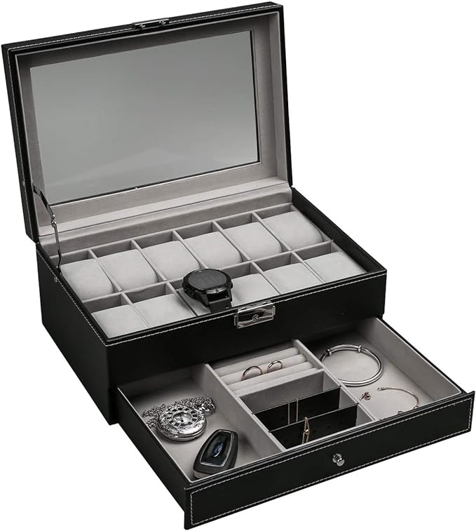 Ogrmar 12 Slot PU Leather Lockable Watch Storage Boxes