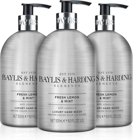 Baylis & Harding Elements Lemon & Mint Luxury Hand Wash, 500 ml (Pack of 3) - Vegan Friendly